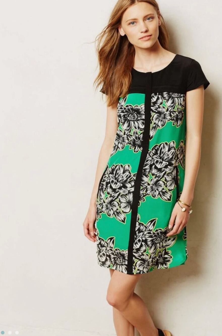 Anthropologie Maeve Womens 0P Green Black Ayame Floral Silk Mini Dress Pocket